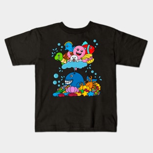 doodle type design depicts the underwater world of various marine animals Kids T-Shirt